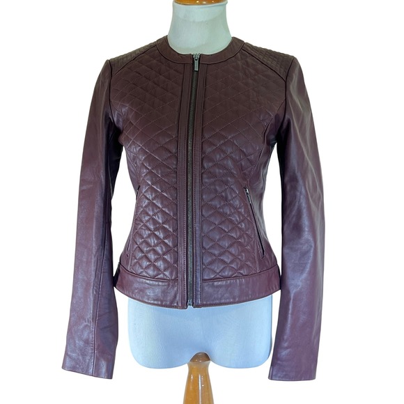 Cole Haan Women's Small Lambskin Quilted Motorcycle Jacket Burgundy Full Zip - Picture 1 of 6